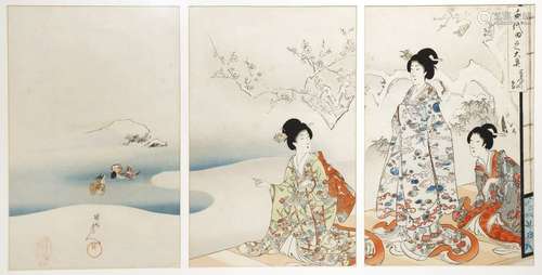 A JAPANESE TRIPTYCH BY CHIKANOBU YOSHU (1838 1912)...;