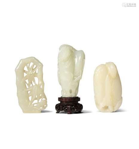 THREE CHINESE PALE CELADON JADE CARVINGS QING DYNA...;