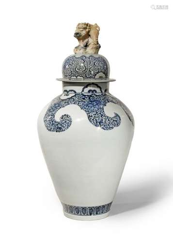 A LARGE JAPANESE ARITA BLUE AND WHITE BALUSTER VAS...;