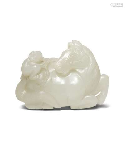 A CHINESE PALE CELADON JADE 'HORSE AND MONKEY' BEL...;