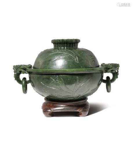 A CHINESE SPINACH GREEN JADE INCENSE BURNER AND CO...;