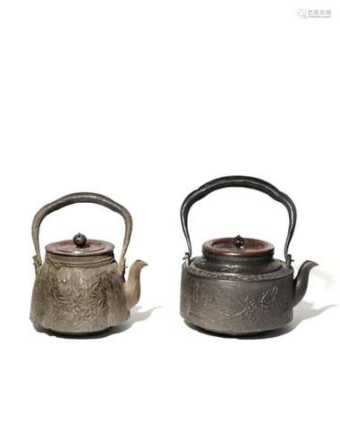 TWO JAPANESE CAST IRON KETTLES AND COVERS, TETSUBI...;