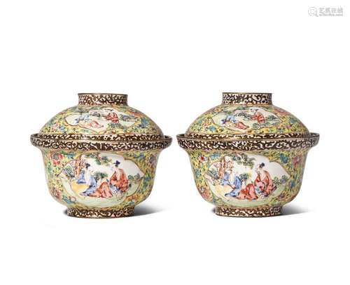 A PAIR OF CHINESE FAMILLE ROSE CANTON ENAMEL BOWLS...;