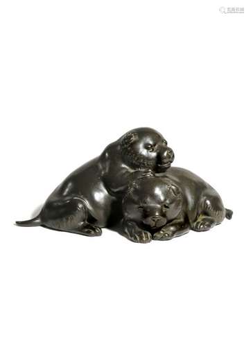 A JAPANESE BRONZE GROUP OF TWO PUPPIES, OKIMONO TA...;