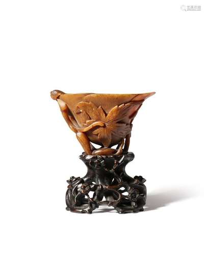 Λ A CHINESE RHINOCEROS HORN LIBATION CUP 17TH/EARL...;