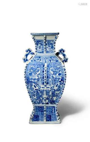 A CHINESE BLUE AND WHITE ARCHAISTIC VASE KANGXI 16...;