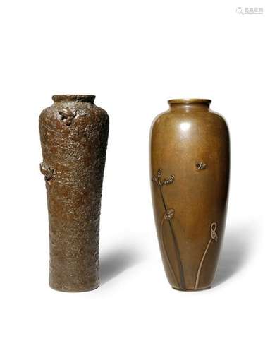 TWO JAPANESE BRONZE IKEBANA VASES MEIJI/TAISHO PER...;