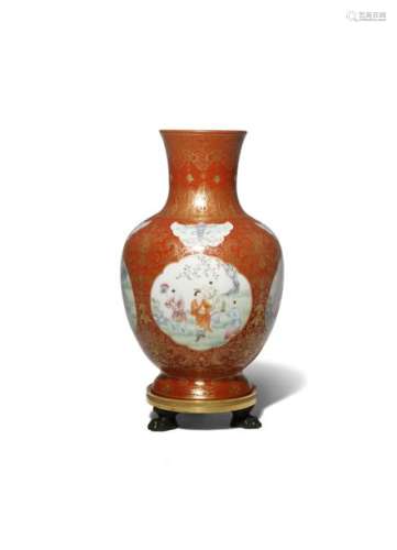 A CHINESE FAMILLE ROSE IRON RED GROUND VASE JIAQIN...;