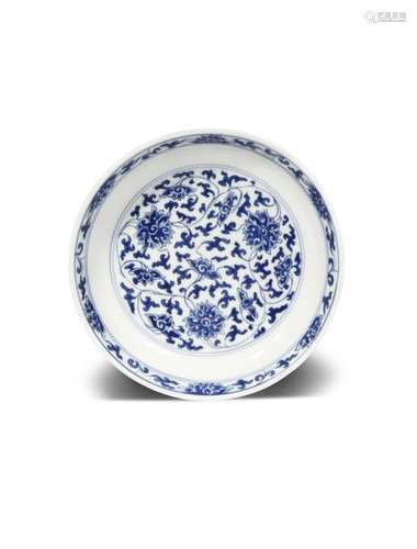 A CHINESE BLUE AND WHITE 'LOTUS' DISH SIX CHARACTE...;