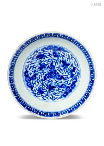 A CHINESE BLUE AND WHITE 'CRANES' DISH SIX CHARACT...;