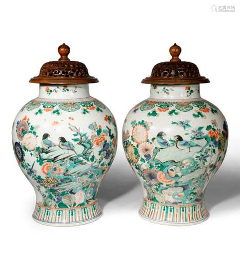 A PAIR OF CHINESE FAMILLE VERTE BALUSTER VASES KAN...;