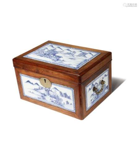 A CHINESE HUANGHUALI BOX WITH INSET PORCELAIN PLAQ...;