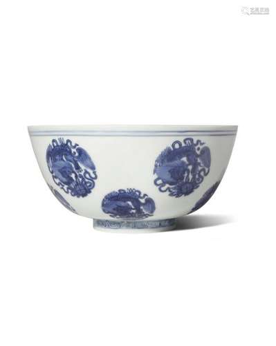 A CHINESE BLUE AND WHITE 'QILIN' BOWL SIX CHARACTE...;