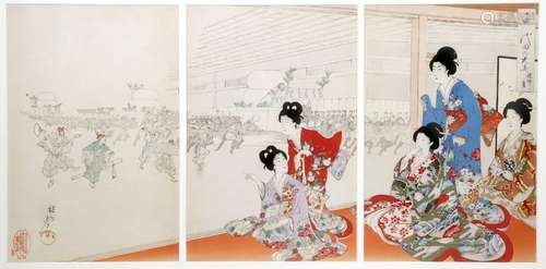 A JAPANESE TRIPTYCH BY CHIKANOBU YOSHU (1838 1912)...;