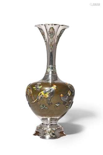 A GOOD JAPANESE SILVER, BRONZE AND ENAMEL VASE MEI...;