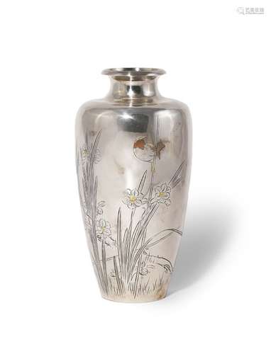 A JAPANESE SILVER VASE MEIJI 1868 1912 The baluste...;