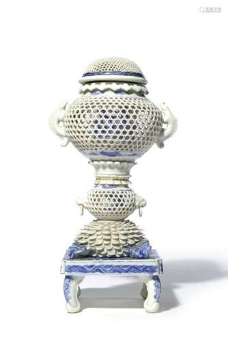 A JAPANESE BLUE AND WHITE HIRADO INCENSE BURNER, K...;