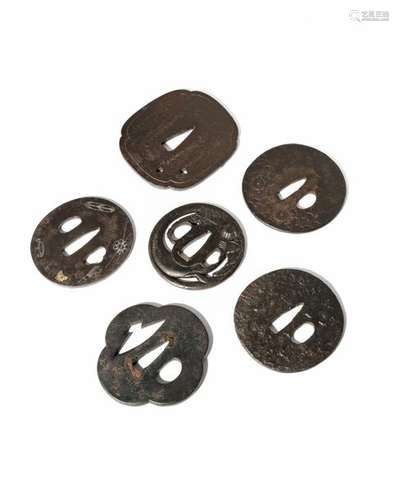 SIX JAPANESE IRON HAND GARDS, TSUBA EDO/MEIJI PERI...;