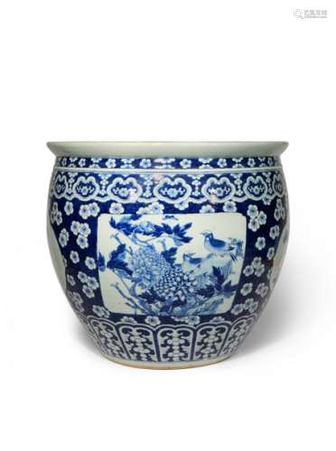 A MASSIVE CHINESE BLUE AND WHITE FISH BOWL 19TH CE...;
