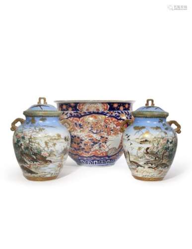 A PAIR OF JAPANESE SETO WARE VASES AND COVERS 20TH...;