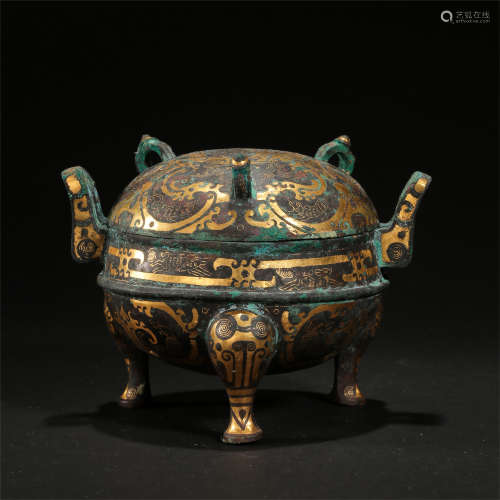 CHINESE GOLD SILVER INLAID BRONZE TRIPLE FEET LIDDED CENSER HAN DYNASTY