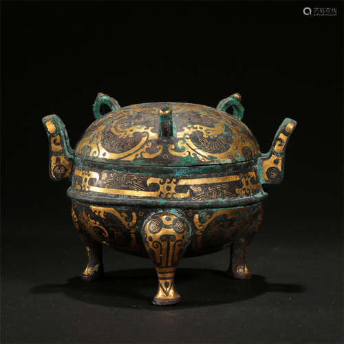 CHINESE GOLD SILVER INLAID BRONZE TRIPLE FEET LIDDED CENSER HAN DYNASTY