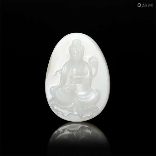 CHINESE WHITE JADE SEATED GUANYIN PLAQUE