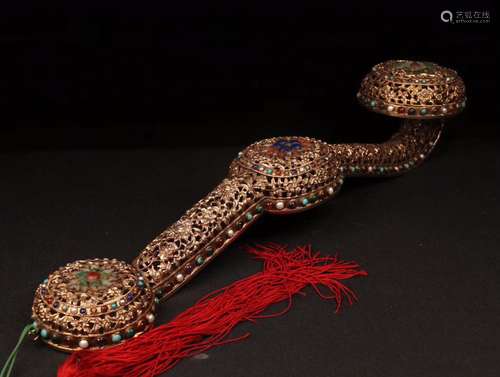 Repousse Gilt Bronze Gem-Inlaid Ruyi Scepter