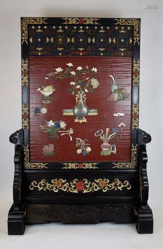 A Hardwood Gems-Inlaid Table Screen