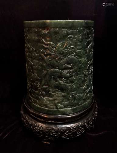 Large Carved Spinach Jade Dragon Brush Pot