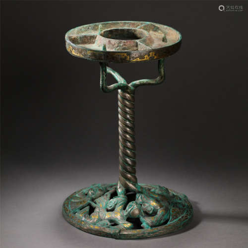 CHINESE SILVER INLAID BRONZE OIL LAMP HAN DYNASTY