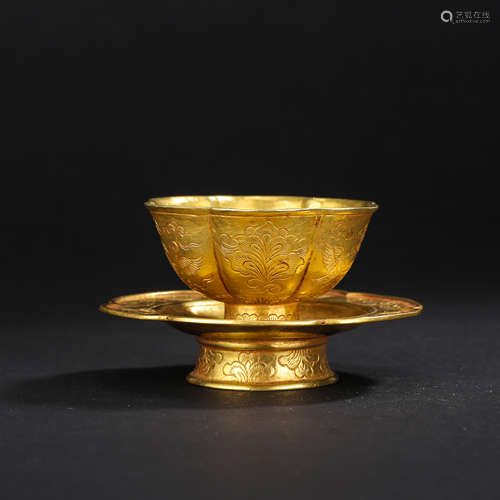 CHINESE PURE GOLD TEA CUP WITH STAND TAND DYNASTY