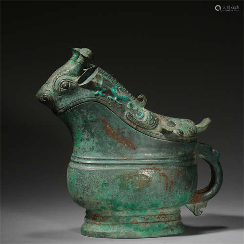 CHINESE ANCIENT BRONZE TURQUOISE INLAID BEAST JUE CUP HAN DYNASTY