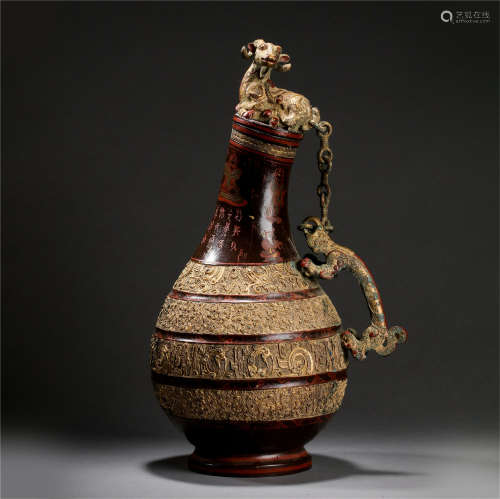 CHINESE LACQUER BRONZE BEAST KETTLE HAN DYNASTY