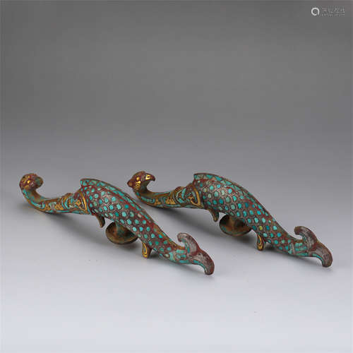 PAIR OF CHINESE GOLD TURQUOISE INLAID FISH DRAGON BELT HOOK HAN DYNASTY