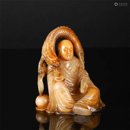 CHINESE SOAPSTONE SEATED BUDDHA WITH DRAGON