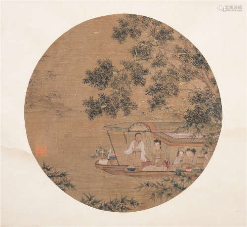 CHINESE ROUND FAN PAINTING OF PERSON ON BOAT
