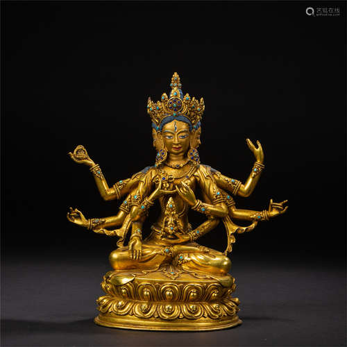 TIBETAN GILT BRONZE TURQUOISE INLAID SEATED SIX ARM TARA