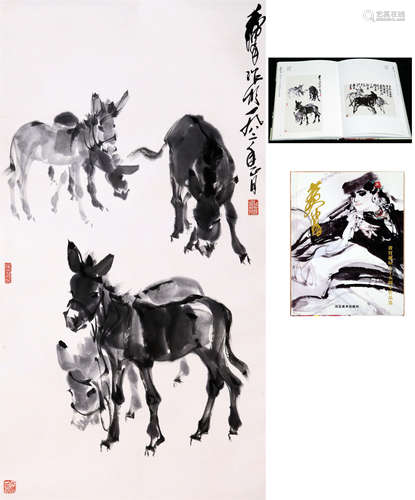 CHINESE SCROLL PAINTING OF DONKEY BY HUANG ZHOU WITH PUBLICATION