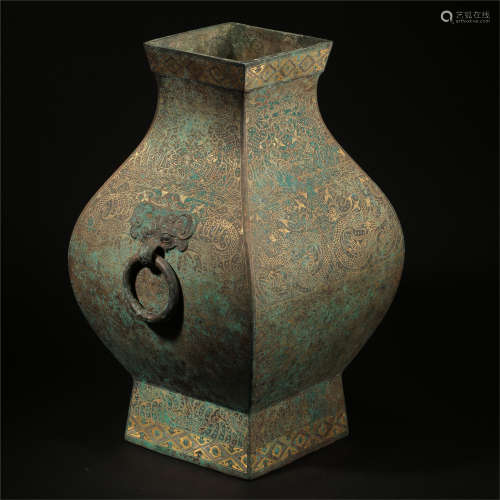 CHINESE GOLD INLAID BRONZE BEAST LOOP HANDLE SQUARE VASE HAN DYNASTY