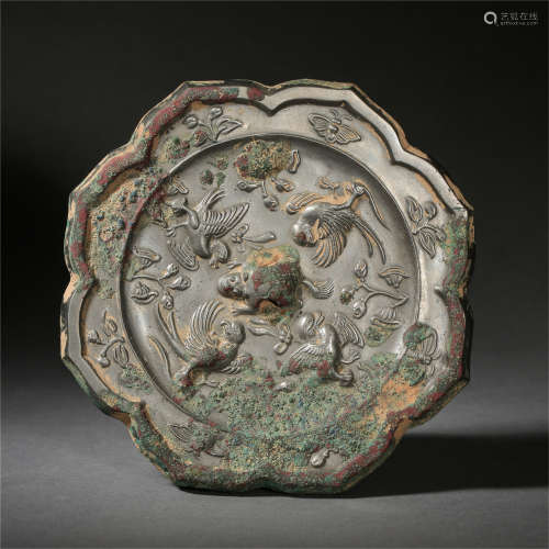 CHINESE BRONZE BIRD FLOWER SHAPED MIRROR TANG DYNASTY