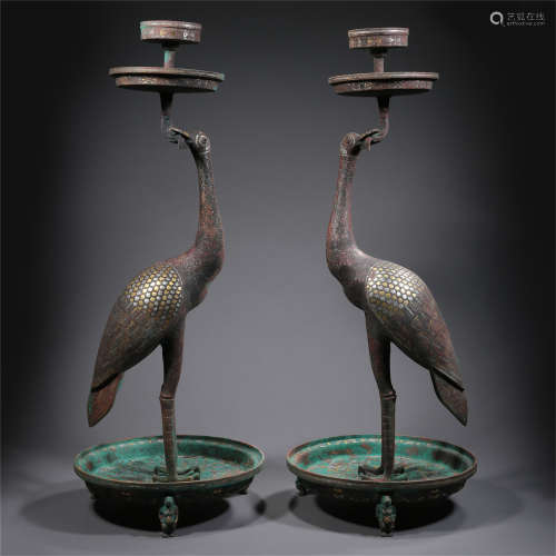 PAIR OF CHINESE GOLD SILVER INLAID BRONZE CRANCE CANDLE HOLDER HAN DYNASTY