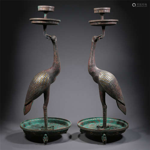 PAIR OF CHINESE GOLD SILVER INLAID BRONZE CRANCE CANDLE HOLDER HAN DYNASTY