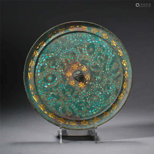 CHINESE GOLD SILVER TURQUOISE INLAID BRONZE ROUND MIRROR HAN DYNASTY