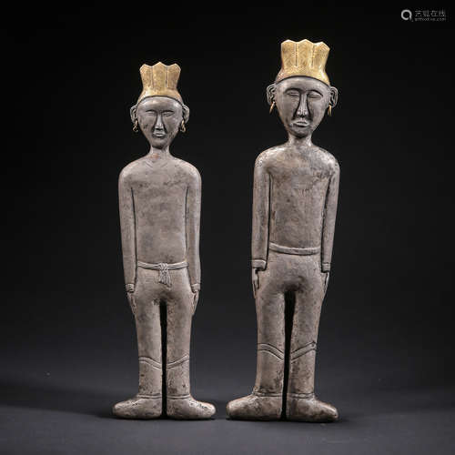 TWO CHINESE PARTLY GILT SILVER STANDING FIGURES LIAO DYNASTY