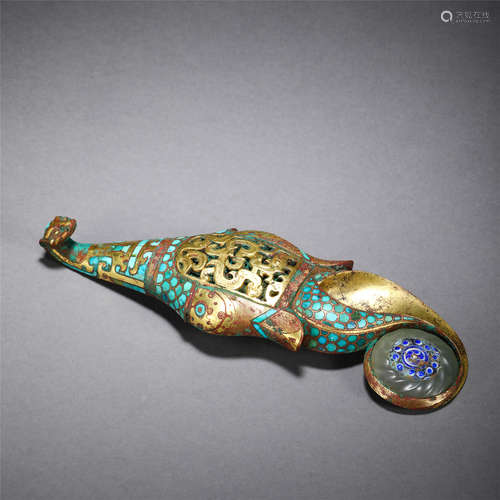 CHINESE GOLD TURQUOISE JADE LAPIS INLAID BRONZE DRAGON BELT HOOK HAN DYNASTY