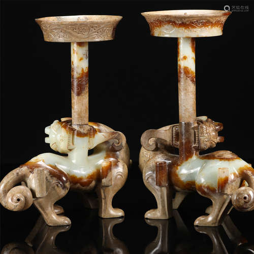 PAIR OF CHINESE JADE BEAST OIL LAMPS