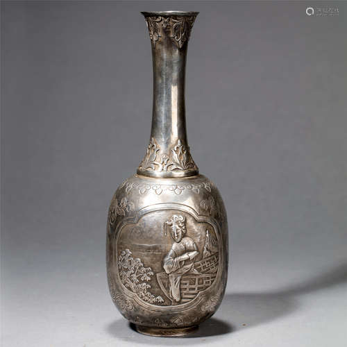 CHINESE SILVER CRANE AND PINE VASE QING DYNASTY