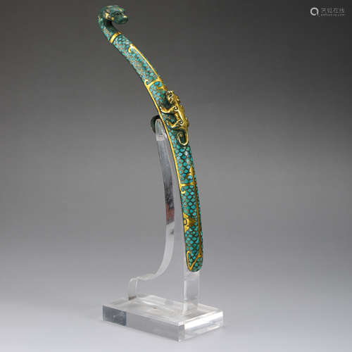 CHINESE GOLD TURQUOISE INLAID BRONZE DRAGON BELT HOOK HAN DYNASTY