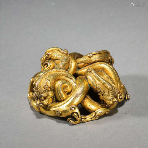 CHINESE GILT BRONZE DRAGON PAPER WEIGHT QING DYNASTY